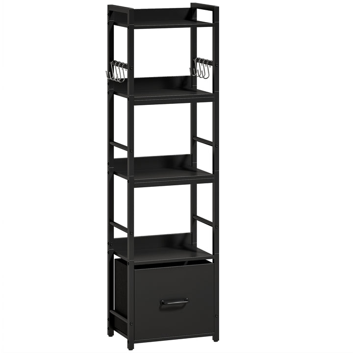 4-Tier Bookshelf, Narrow Bookcase with Drawer, 8 Hooks, Metal Frame, B