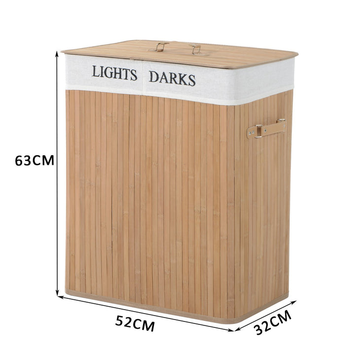 100L Collapsible Natural Wood Laundry Hamper Organizer Clothes Washing Basket Bin Storage Box w/Lid Removable Lining 52x32x63cm, Wood Color