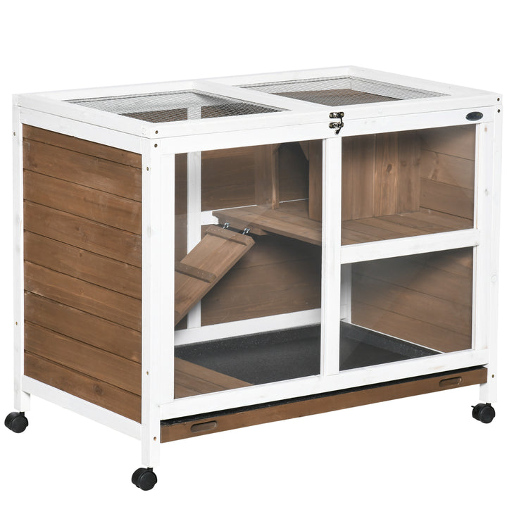 Wooden Rabbit Hutch, Bunny Cage w/ Tray, Ramp, Openable Roof, Wheels, 91.5 x 53.3 x 73cm - Brown