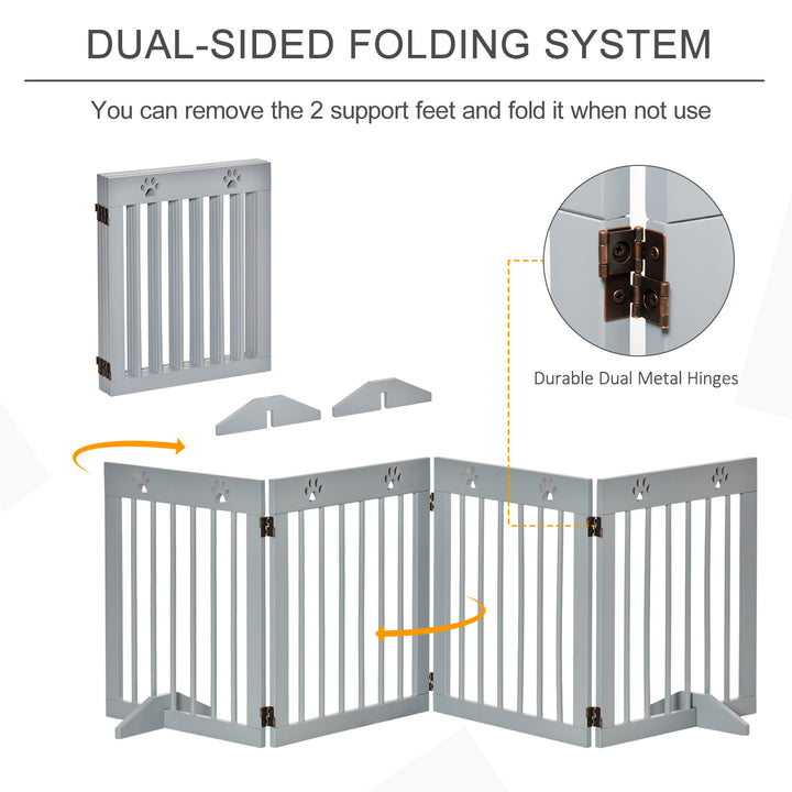 Freestanding Pet Gate 4 Panel Folding Wooden Dog Barrier w/ Support Feet