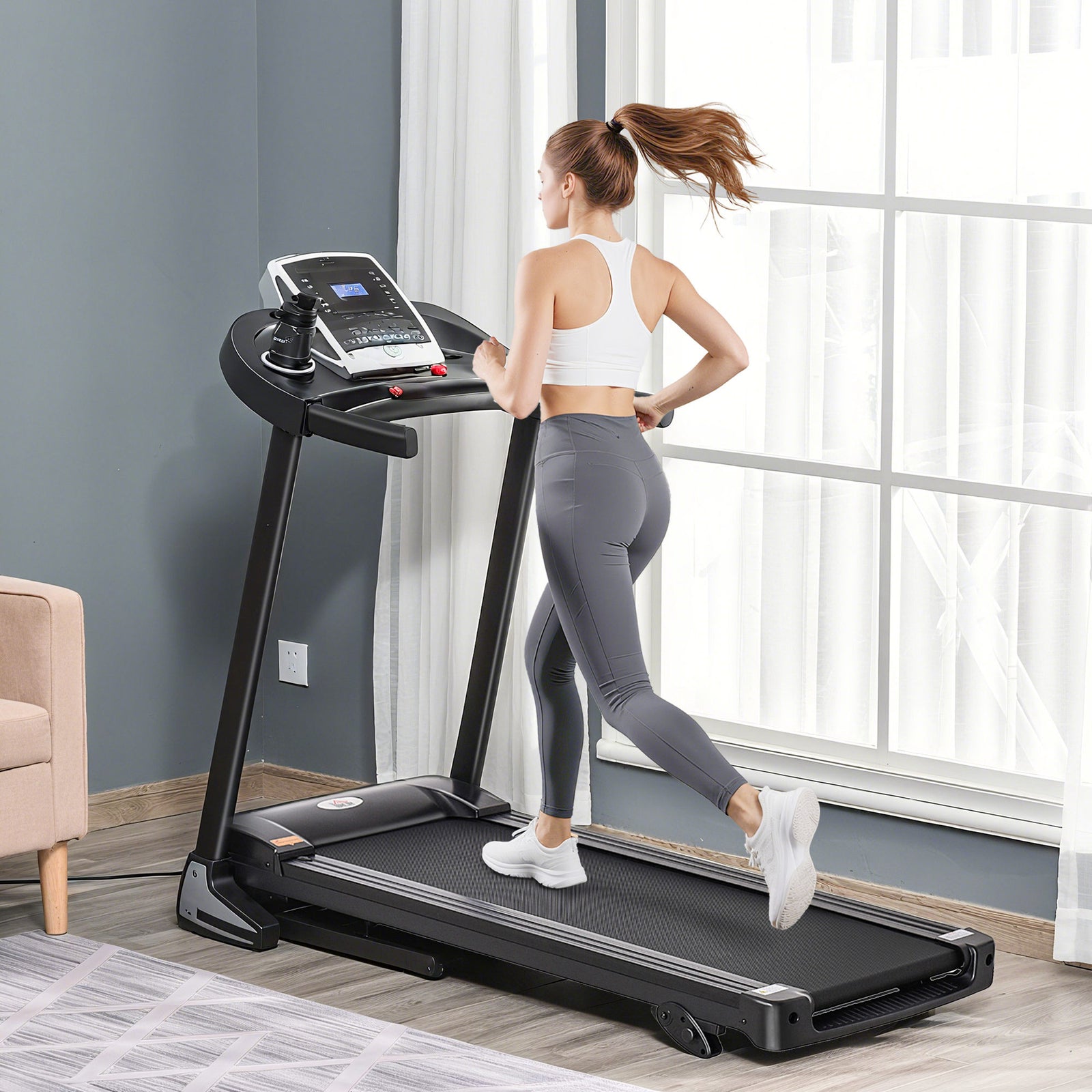 Folding Treadmill, 2.0HP Incline Treadmill Running Machine, 12.8 km/h, with LED Display, Manual Incline, 12 Preset Programs, Drink & Phone Holder for Home Gym Fitness