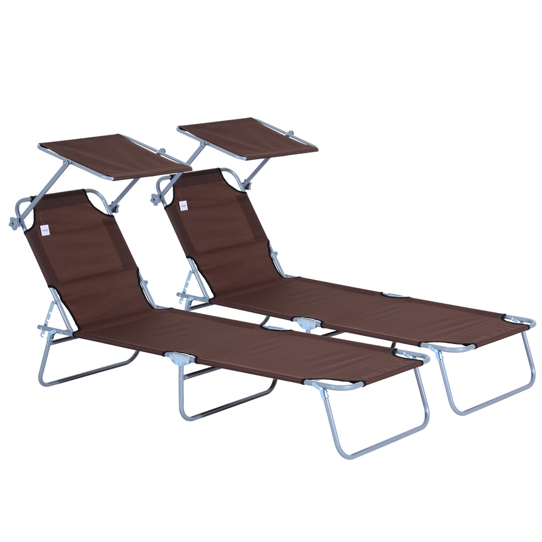 2 Pieces Outdoor Foldable Sun Lounger, 4 Level Adjustable Backrest Reclining Sun Lounger Chair with Angle Adjust Sun Shade Awning for Beach, Garden, Patio, Brown