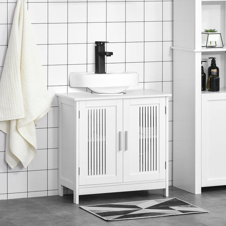 Kleankin Under Sink Cabinet with Double Doors, Modern Bathroom Vanity Unit, Pedestal Design, Adjustable Shelf Storage, White | Aosom UK