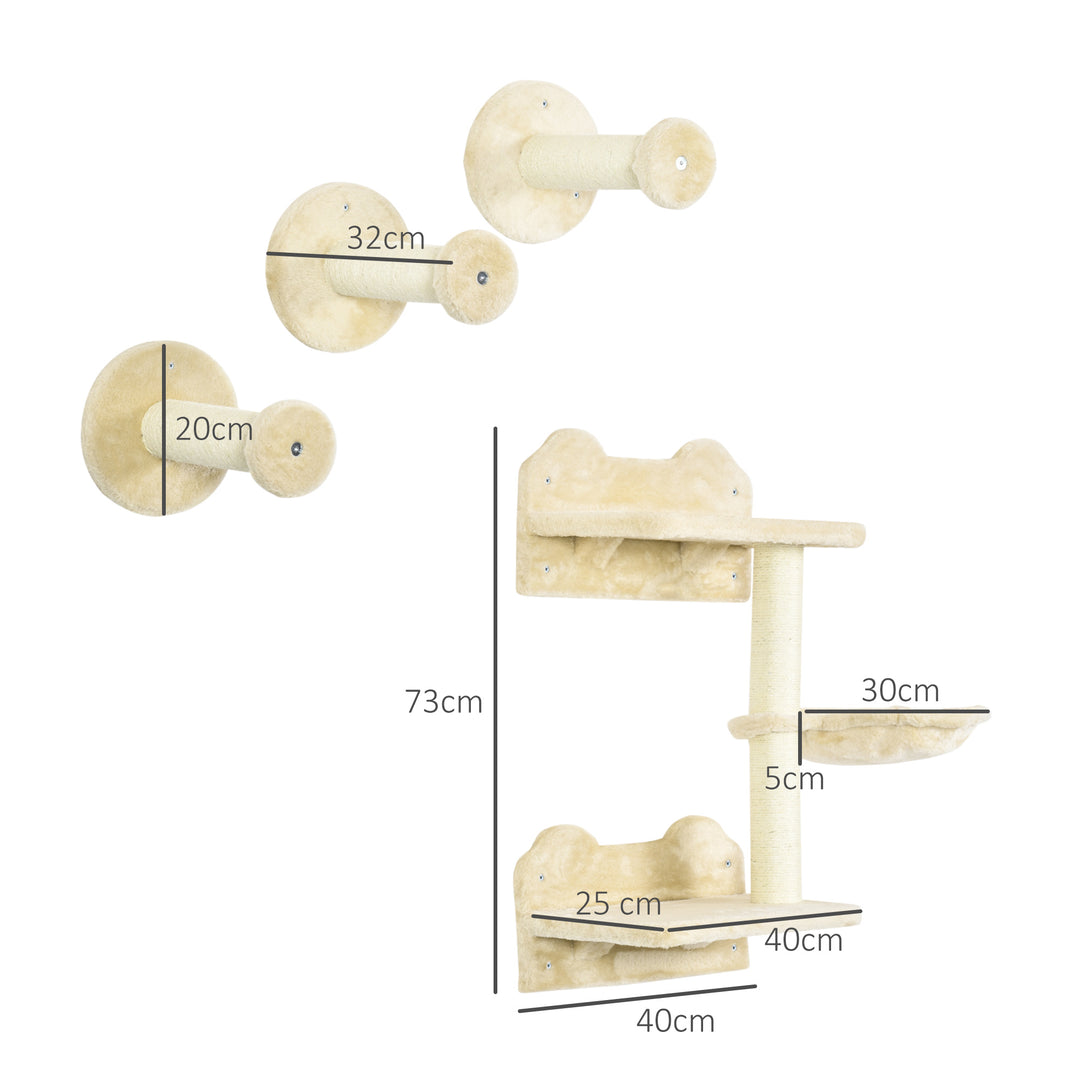4 Piece Cat Shelf with Scratching Post, Wall-Mounted Cat Tree for Indoor Cat - Beige