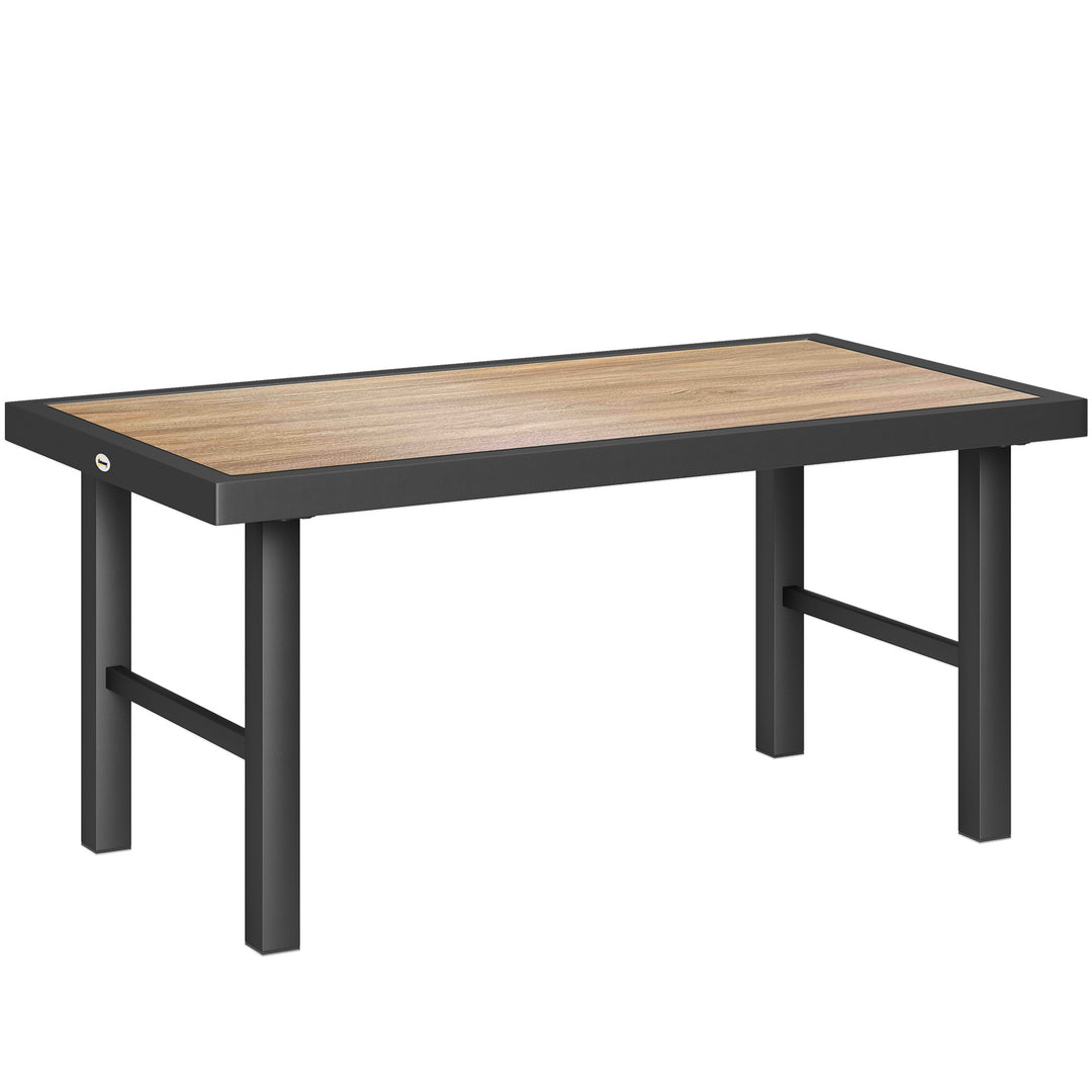 Metal Garden Coffee Table, Outdoor Side Table with SPC Woodgrain Tabletop for Outside, Garden, Balcony, Porch, 100 x 53 x 46cm, Brown Wood Effect