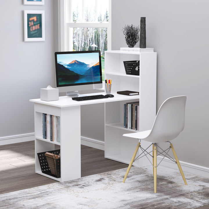 120cm Computer Desk, Wooden PC Laptop Table with 6-Tier Storage Bookshelves, Home Office Working Study Desk, Writing Workstation, White