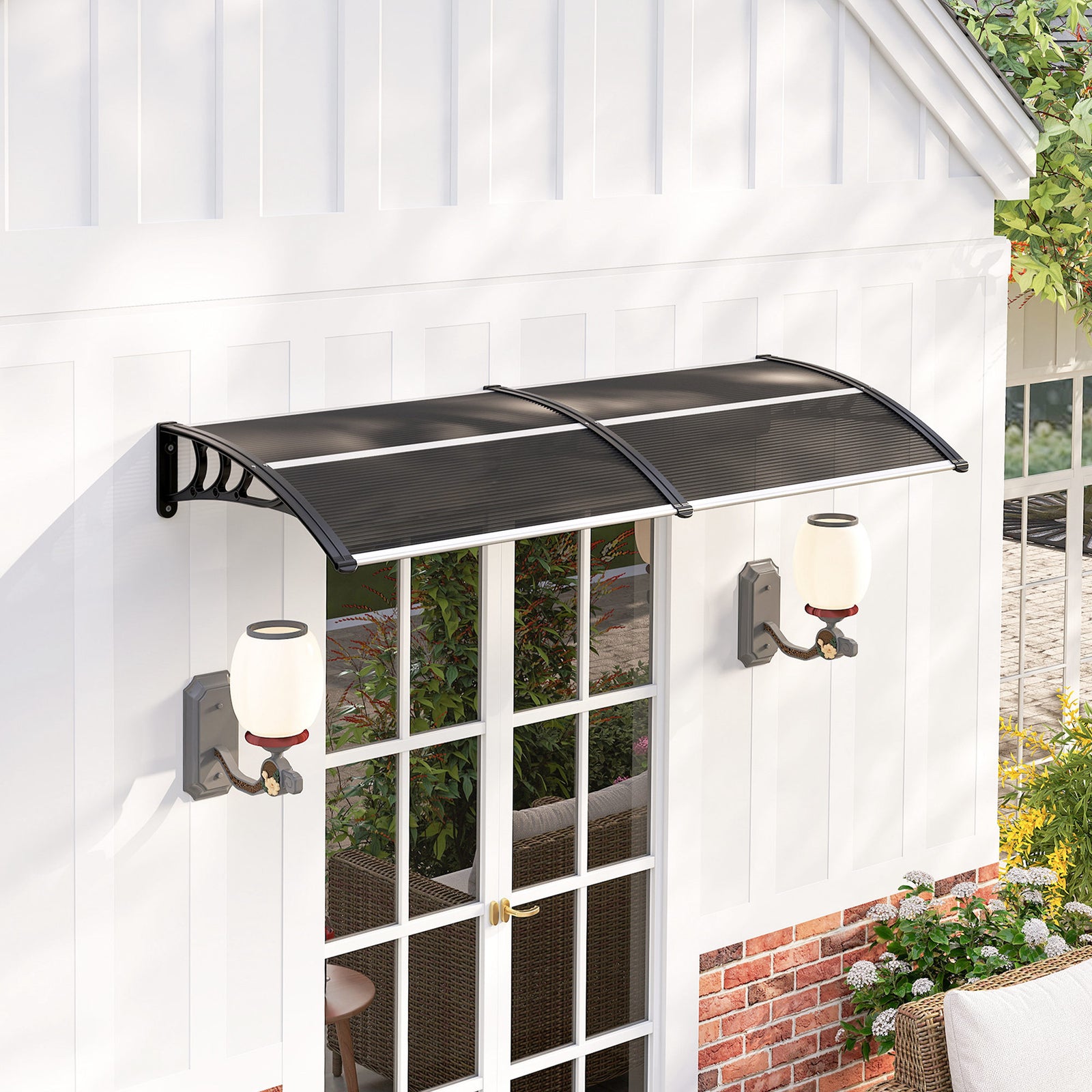 Front Door Canopy Outdoor Awning Aluminium Rigid Plastic Polycarbonate Rain Shelter UV Water Rain Resistant 196 x 75cm Black
