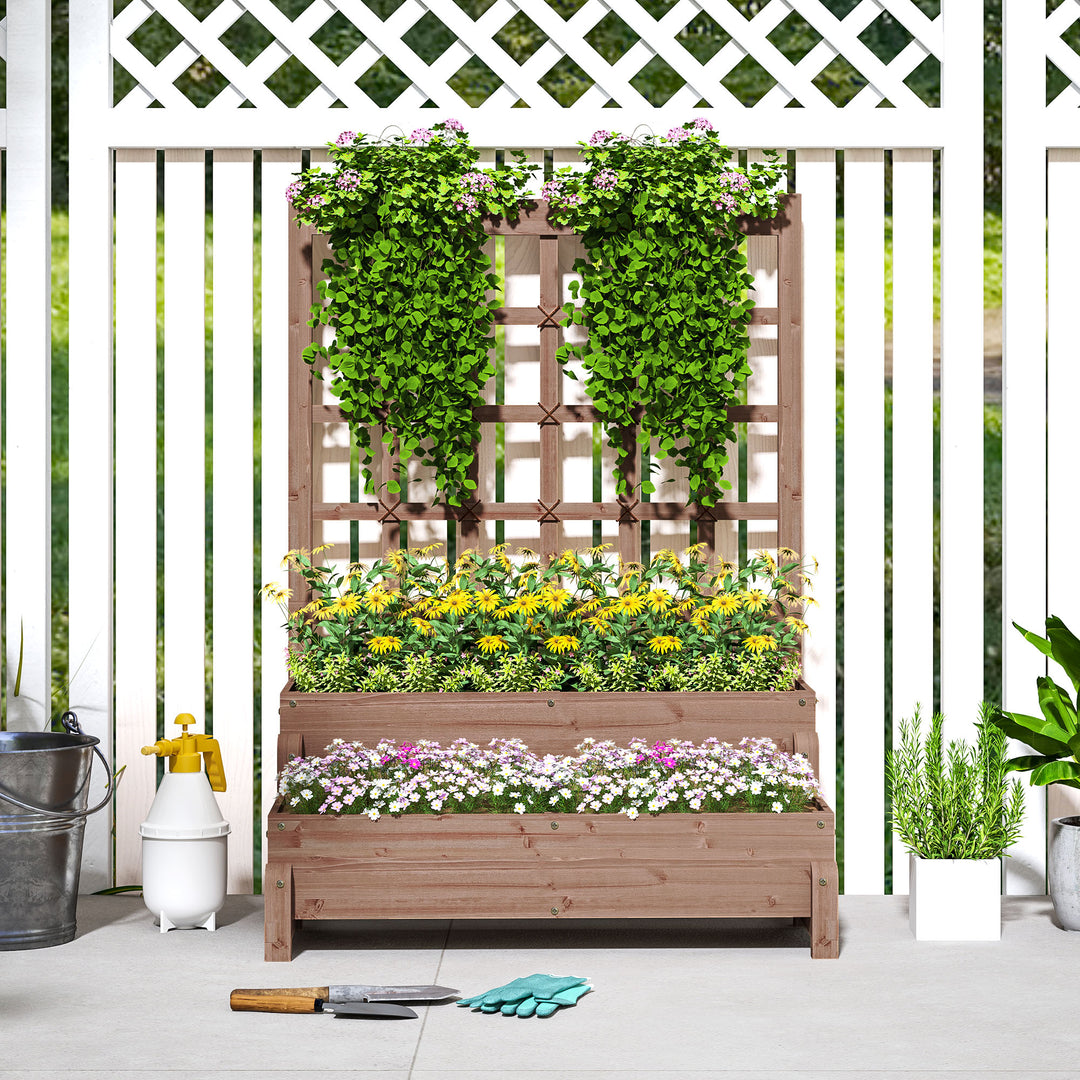 2-Tier Raised Garden Bed with Trellis, Wooden Elevated Planter Box with Drainage Holes, Outdoor Raised Planter for Climbing Plants, Fruits, Vegetables, Flowers, Brown