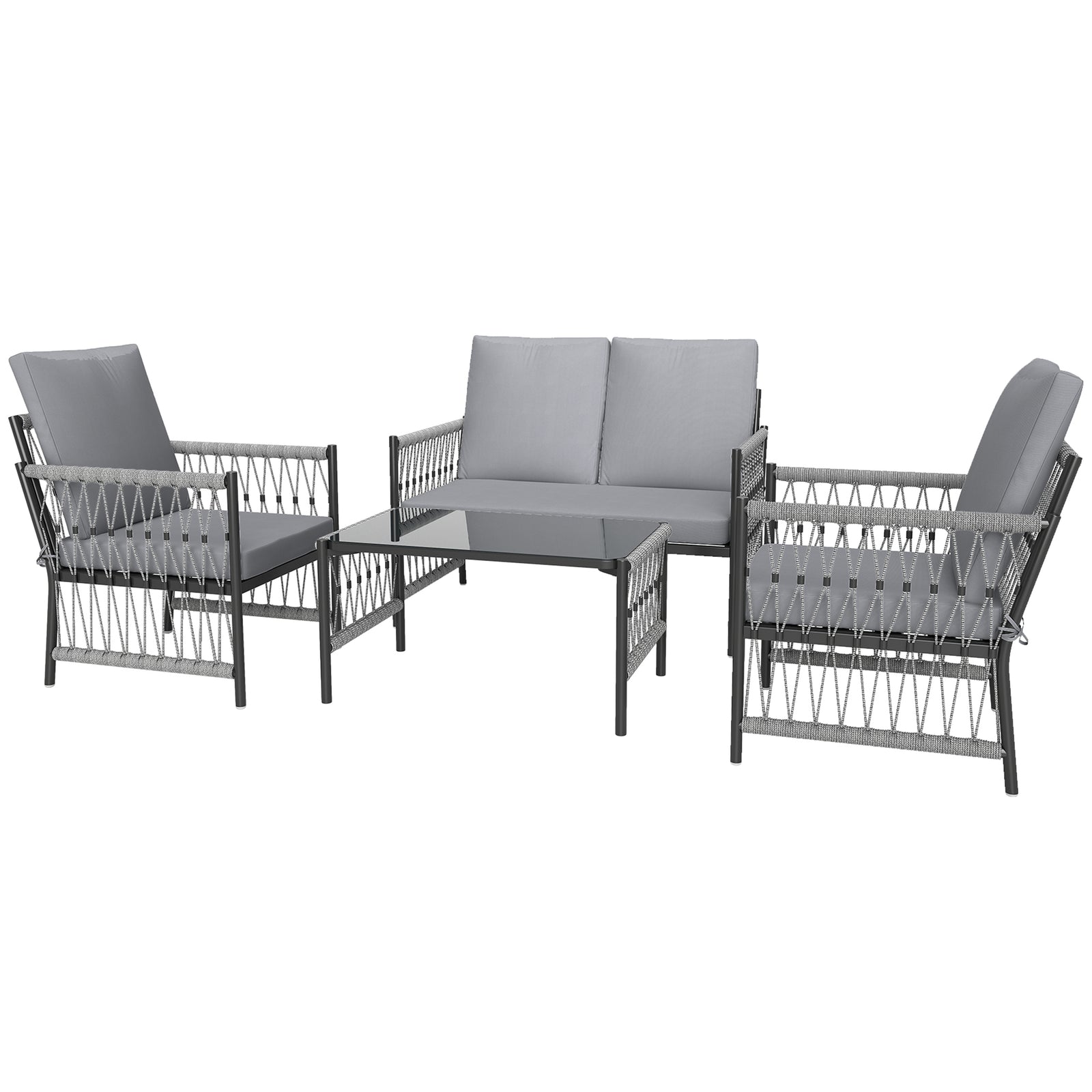 4 Piece Rattan Garden Furniture Set, 4 Seater Wicker Patio Conversation Set with 2 Armchairs, Loveseat, Glass Top Coffee Table and Cushions for Outdoor, Balcony, Grey