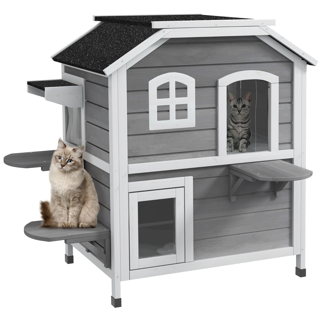 2-story Cat House Outdoor, Weatherproof Wooden Cat Enclosure for Feral Cats with Escape Door, Openable Roof, Jumping Platforms, Grey