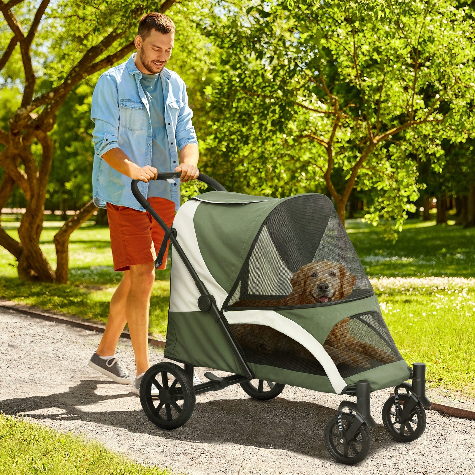 Foldable Pet Stroller for Large Dogs with Four Big Wheels, Shock-Absorbing Frame, Safety Leashes, Brakes, Dark Green