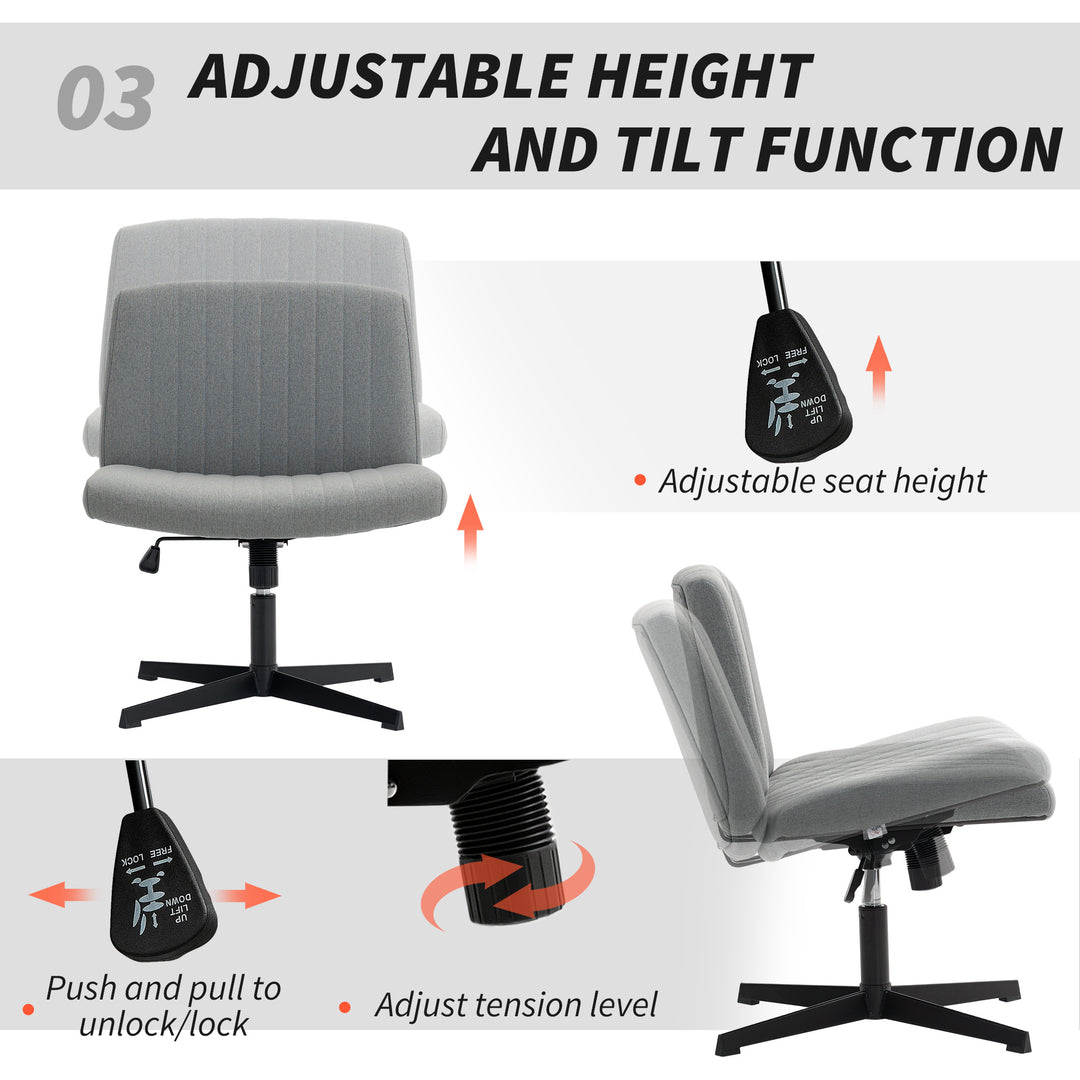 Armless Office Chair No Wheels, Linen Fabric Criss Cross Legged Desk Chair with Wide Seat, Thick Padding, Tilt Function, Height Adjustable Swivel Computer Seat for Home, Grey
