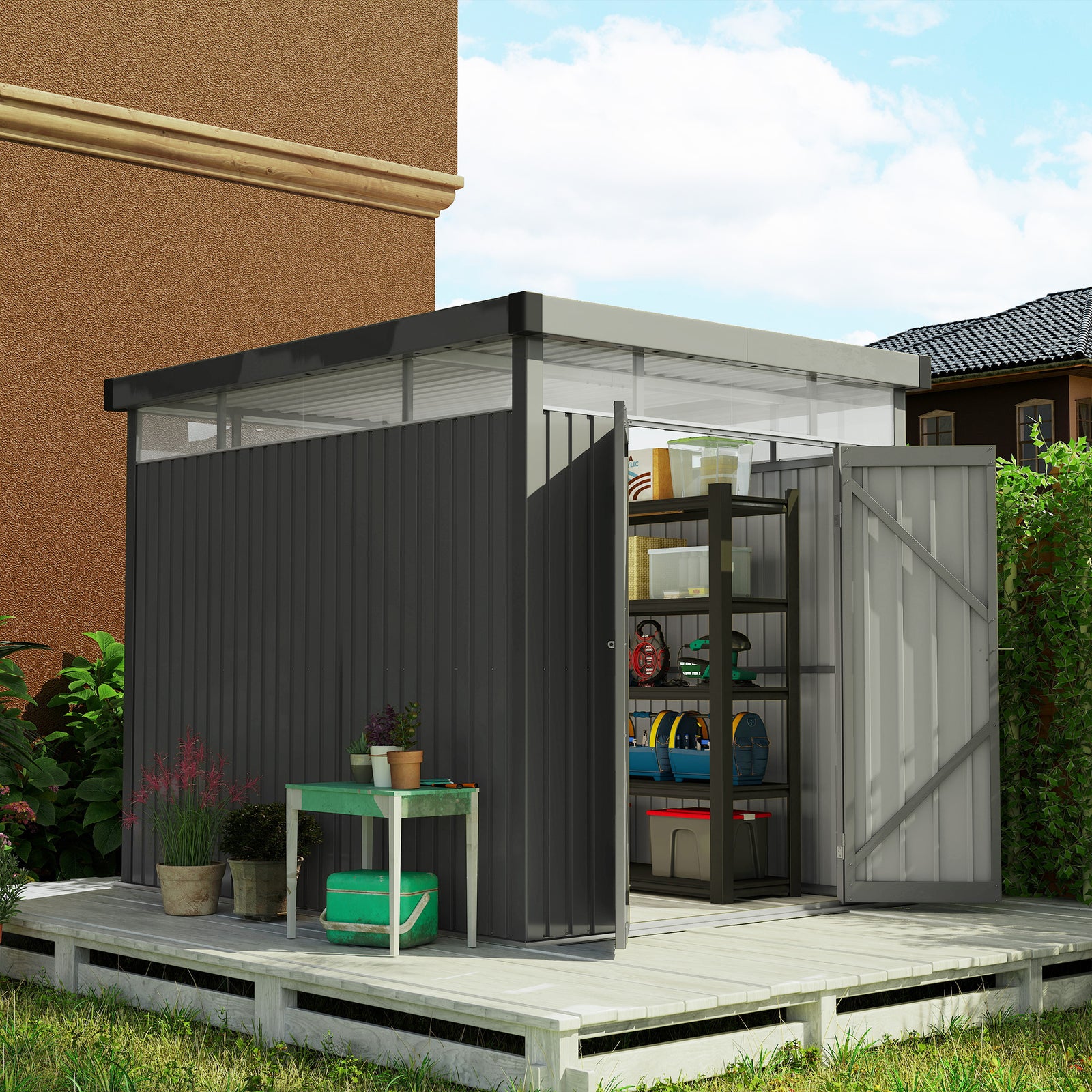 5.3 x 8.5ft Galvanised Steel Garden Shed, Metal Shed with Roof Windows, Leakage Holes and Lockable Wide Door for Outdoor Patio Tool Storage