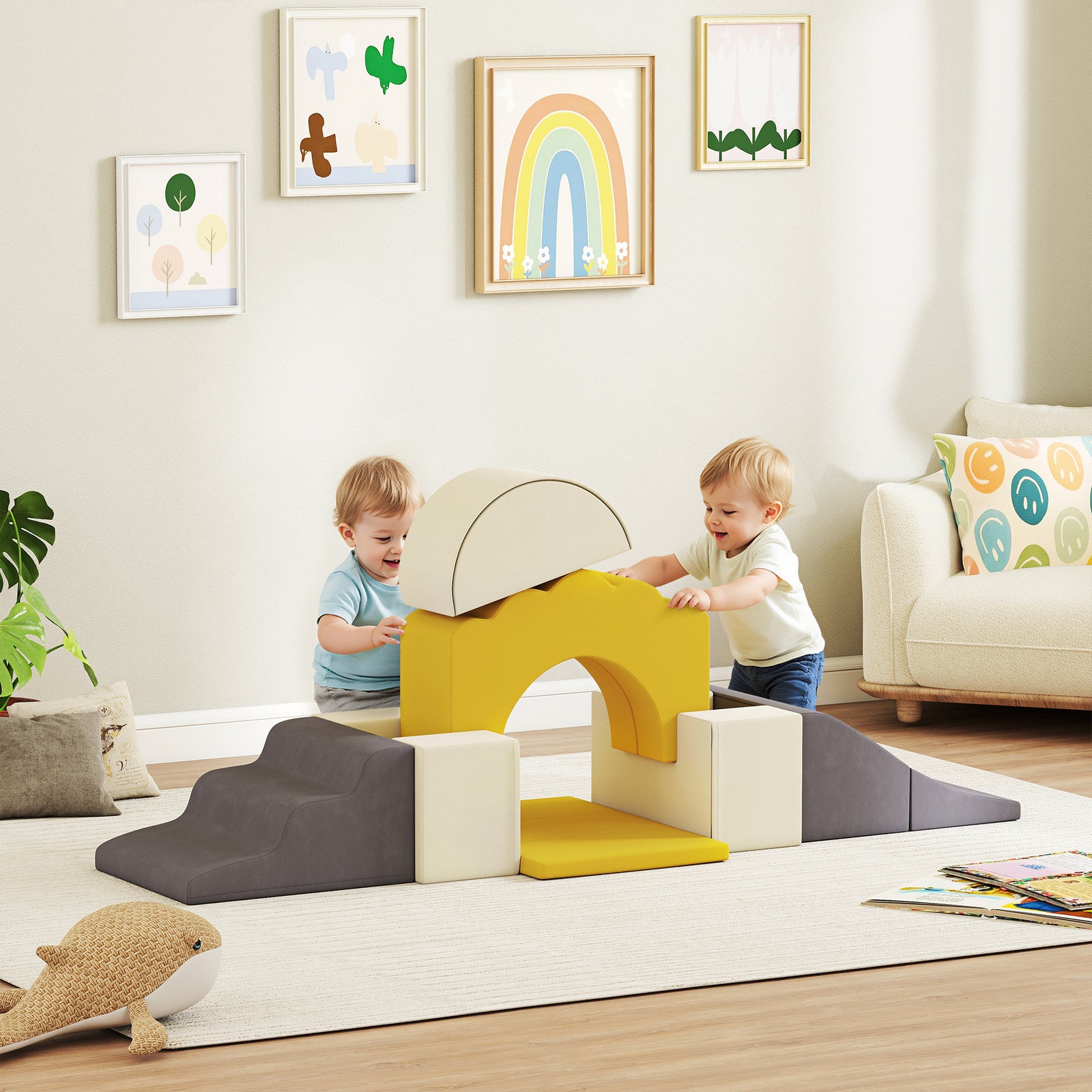 7 Piece Kids Soft Play Set with Detachable Cover, Baby Indoor Climb an