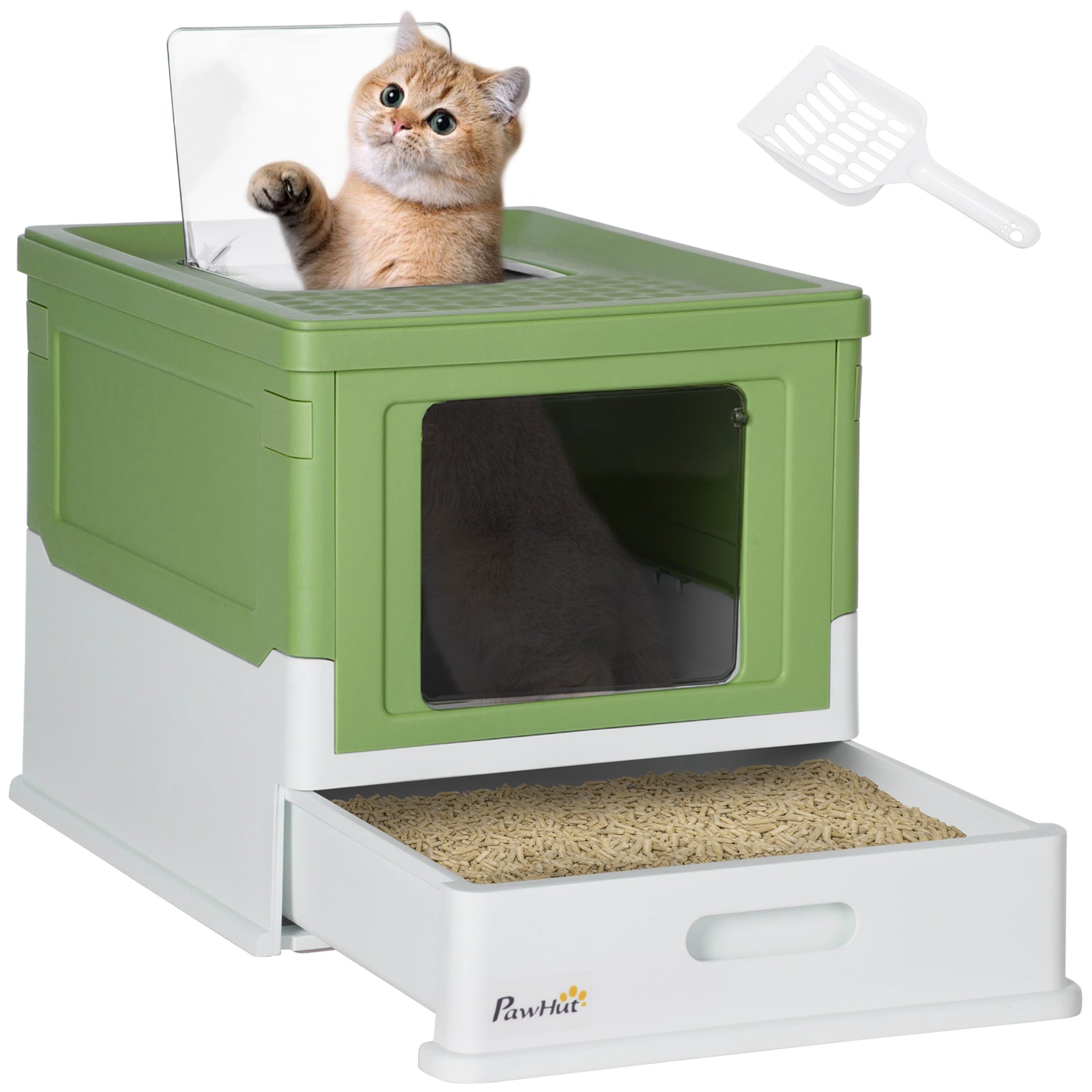 Hooded Cat Litter Box, Portable Pet Toilet, with Scoop, Front Entry - Light Green