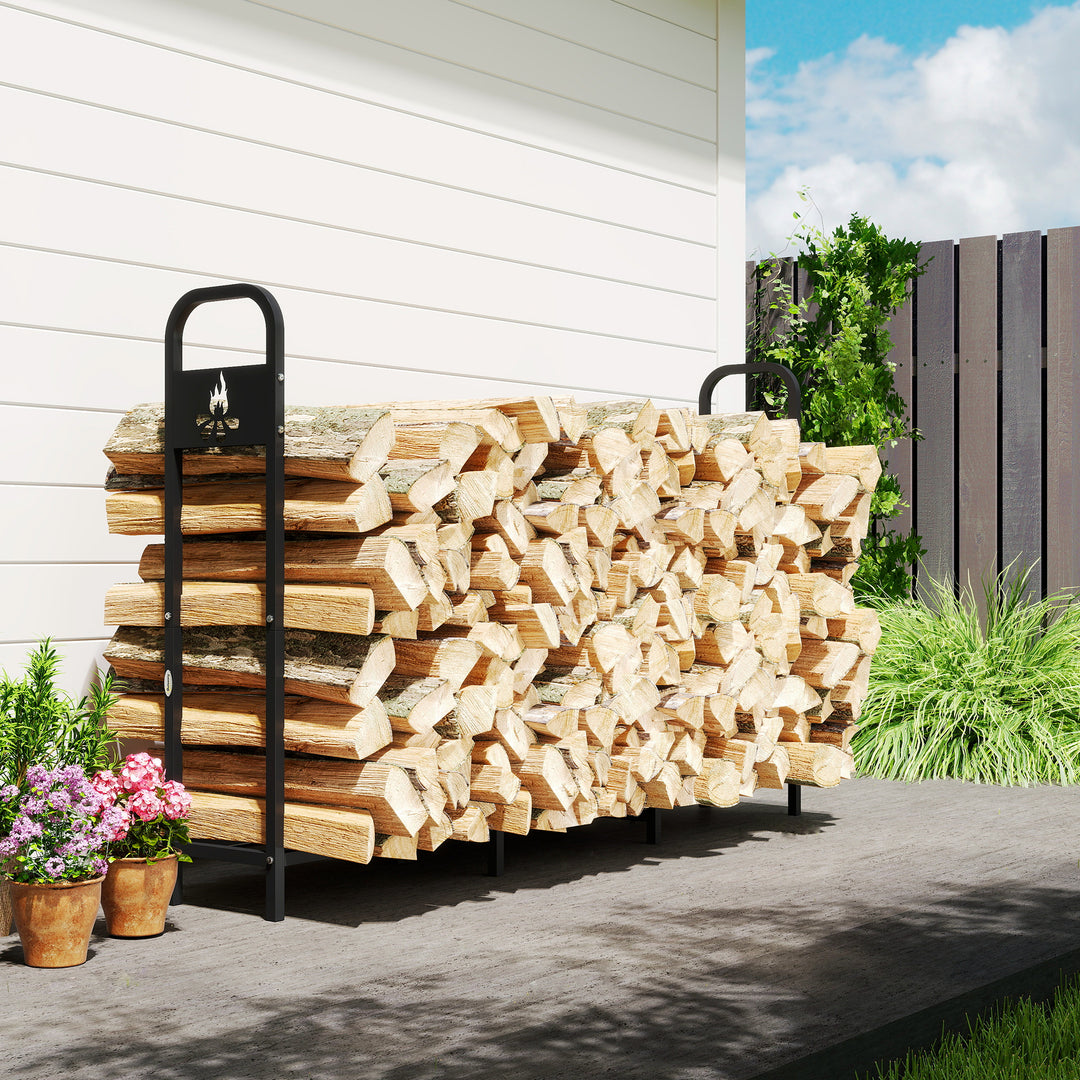 MCL 6.5 FT Steel Firewood Log Rack with 300 kg Capacity, Heavy Duty Indoor Outdoor Fireplace Wood Storage Shelf, Log Holder/Stand with Extra Support Legs, Decorative Bonfire Pattern, Black