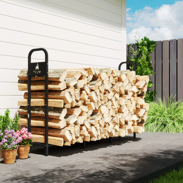 MCL 6.5 FT Steel Firewood Log Rack with 300 kg Capacity, Heavy Duty Indoor Outdoor Fireplace Wood Storage Shelf, Log Holder/Stand with Extra Support Legs, Decorative Bonfire Pattern, Black