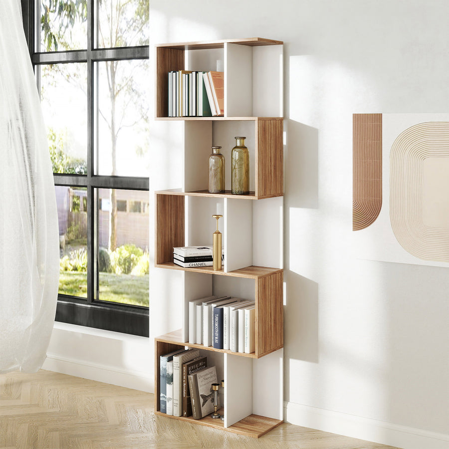 Bookcase, S-Shaped Wooden Bookshelf, 5/6 Tiers Freestanding Storage Shelf, Home Office Decorative Display Stand Rack, Oak and White, 24D x 60W x 184.5H