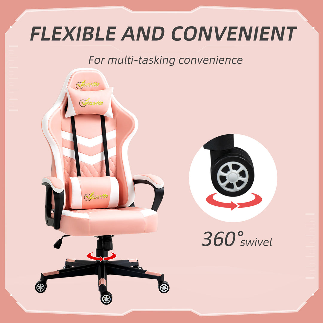 Gaming Chair, Computer Desk Chair with Lumbar Support, Faux Leather Racing Chair with Headrest and Swivel Wheels for Home Office, Pink