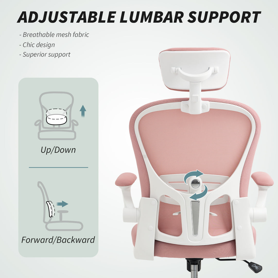 Multi-Adjustable Office Chair, with Lumbar Support, Headrest and Mesh Back - Pink