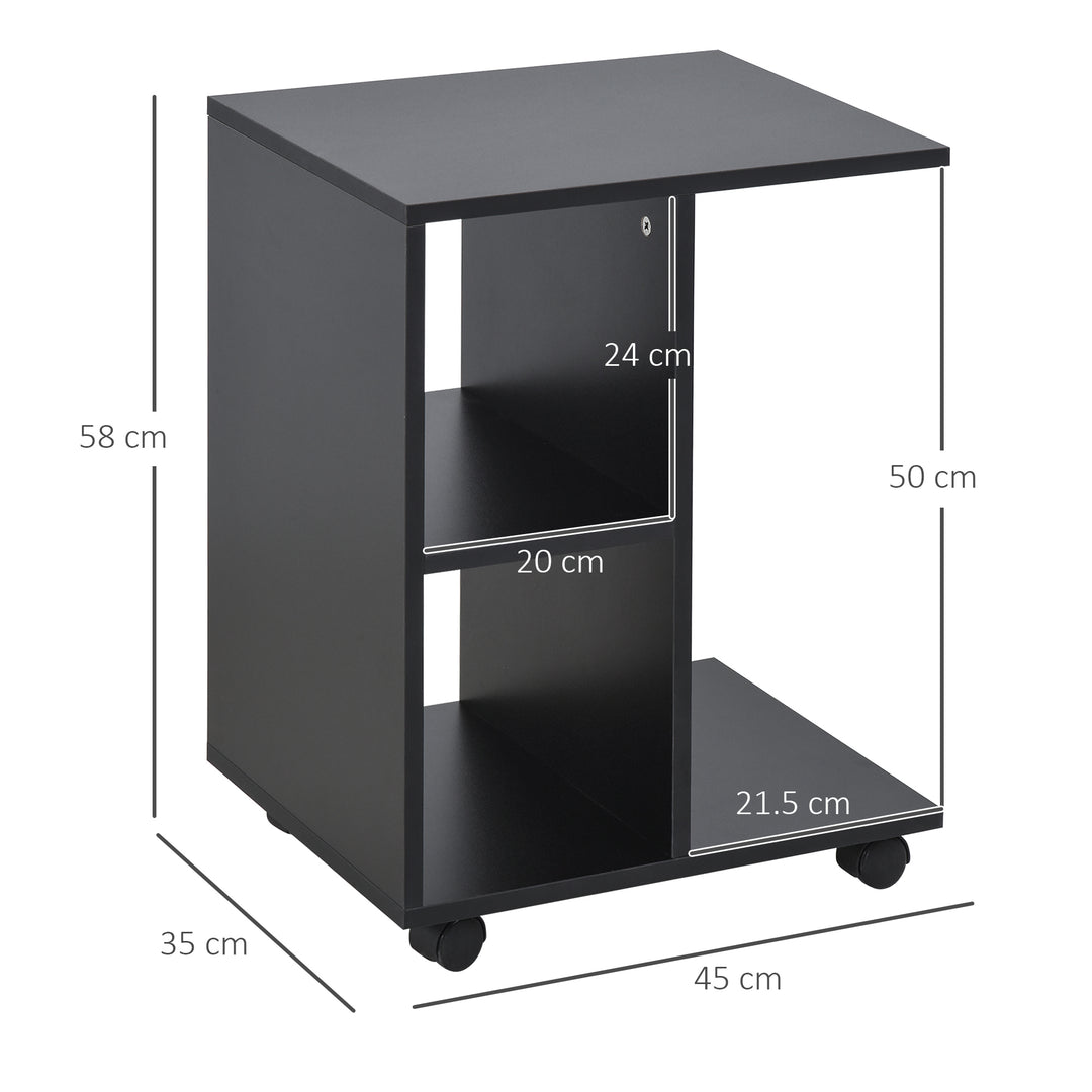 C-Shape End Table Unique Storage Unit w/ 2 Shelves 4 Wheels Freestanding Home Furniture Cabinet Square Black