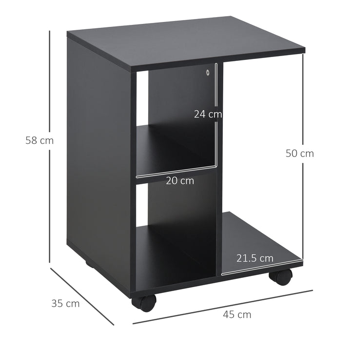 C-Shape End Table Unique Storage Unit w/ 2 Shelves 4 Wheels Freestanding Home Furniture Cabinet Square Black