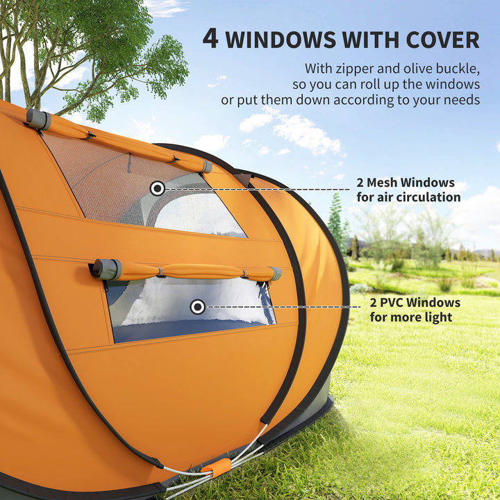 4 Person Pop-up Camping Tent Family Tent with Ground Sheet, 4 Windows and Portable Carry Bag for Beach Outdoor Trip, Orange