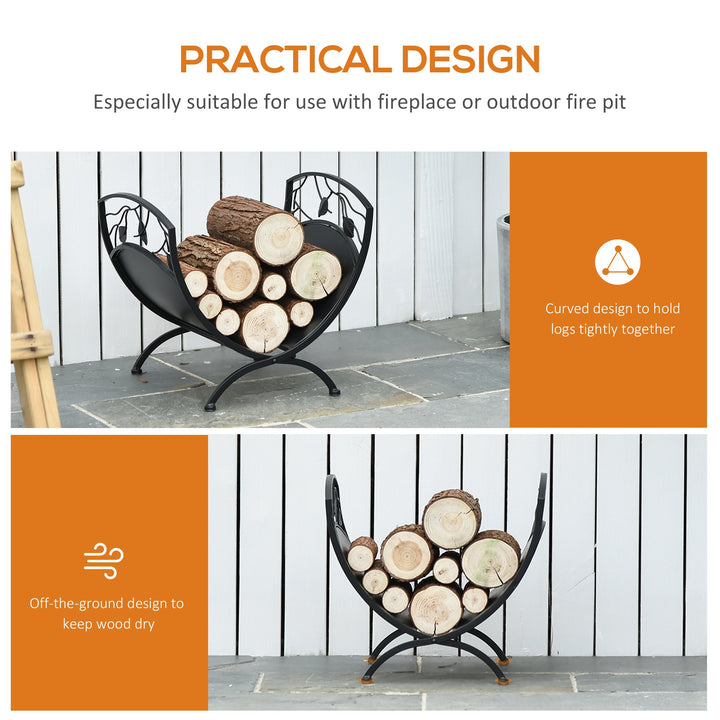 Metal Arced Firewood Log Holder Indoor Outdoor Folding Firewood Rack Fireplace Wood Storage Shelf w/ Leaf Pattern Design, Black, 43.5W x 36.5D x 41H cm