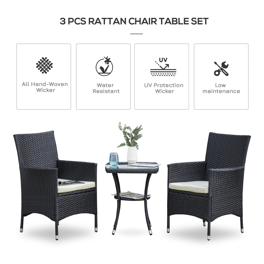 Outsunny Rattan Bistro Set, 3 Piece Garden Furniture with Weave Companion Chairs and Table, Conservatory Patio Set, Black