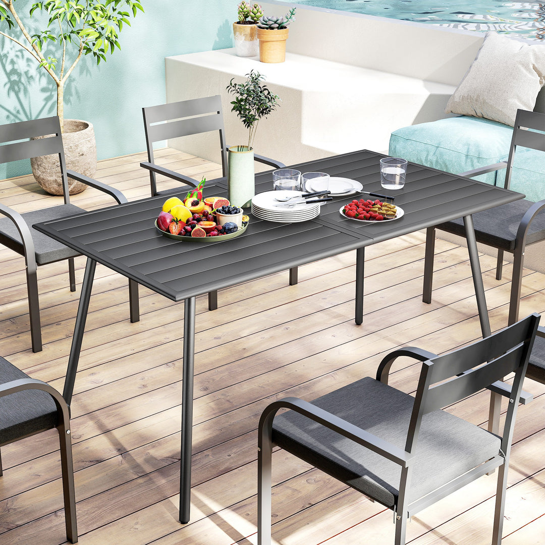 Rectangle Garden Table with Slat Top, Steel Frame, Outdoor Table for 6 Person, 150 x 80 x 74 cm, Grey
