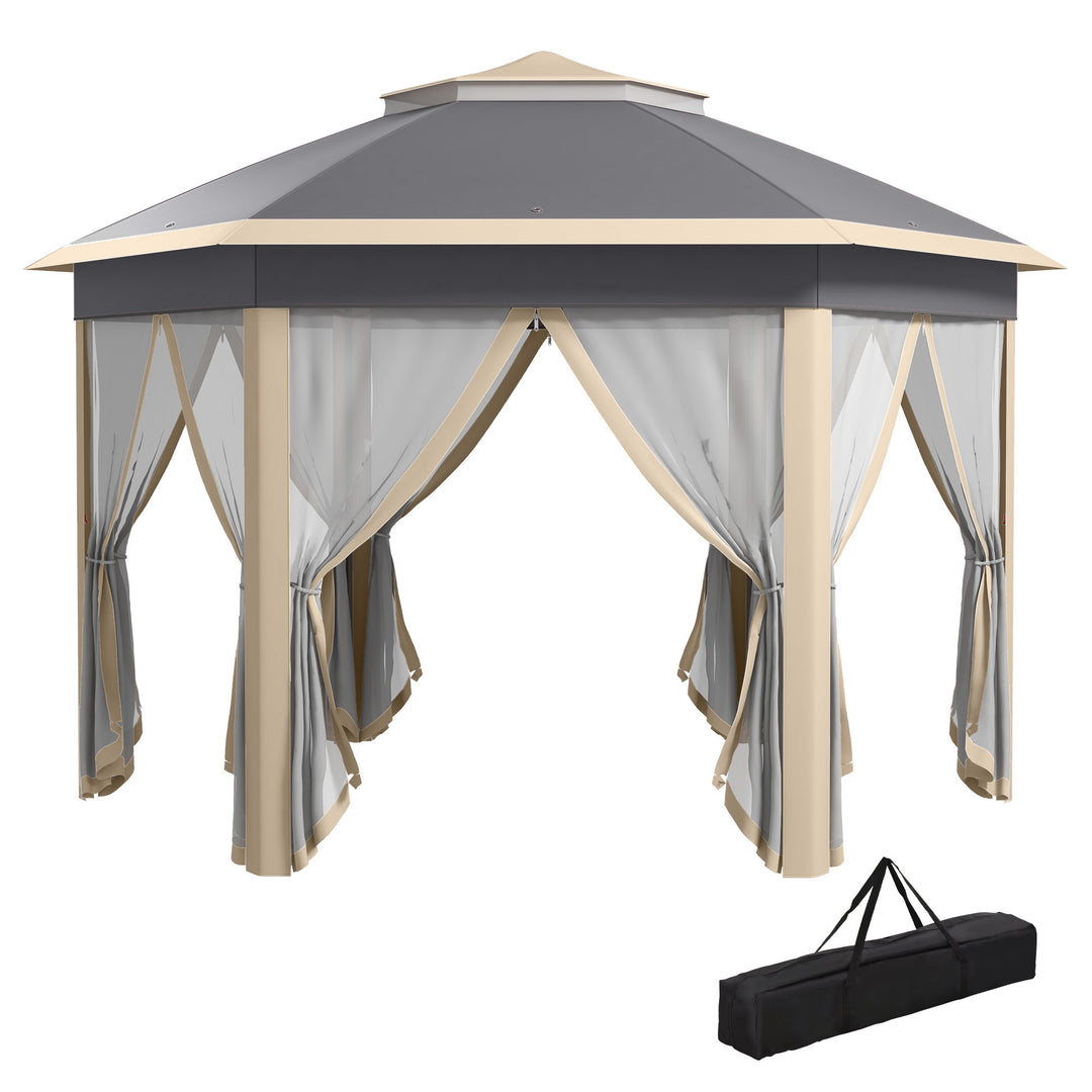 MCL Hexagon Pop Up Gazebo Outdoor Patio Gazebo Double Roof Instant Shelter with Netting, 3 x 4m, Khaki