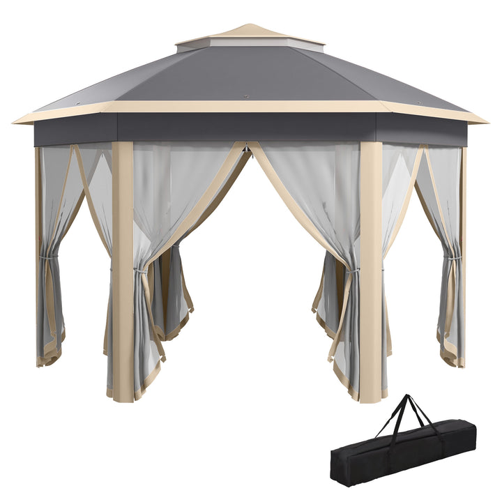 MCL Hexagon Pop Up Gazebo Outdoor Patio Gazebo Double Roof Instant Shelter with Netting, 3 x 4m, Khaki
