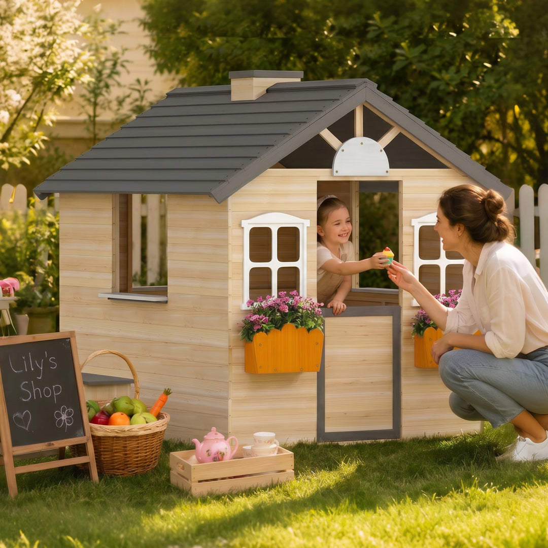 Wooden Playhouse for Kids Outdoor Wendy House with Door, windows, Benc