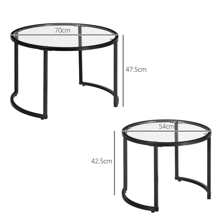 HOMCOM Glass Coffee Table Set of 2, Round Nest of Tables w/ Tempered Glass Tabletop, Steel Frame, Modern Side Tables for Living Room, Black | Aosom UK