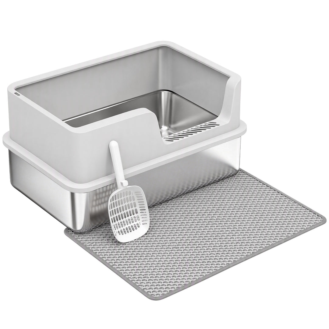 XL Stainless Steel Cat Litter Tray with Lid, High Sided Cat Litter