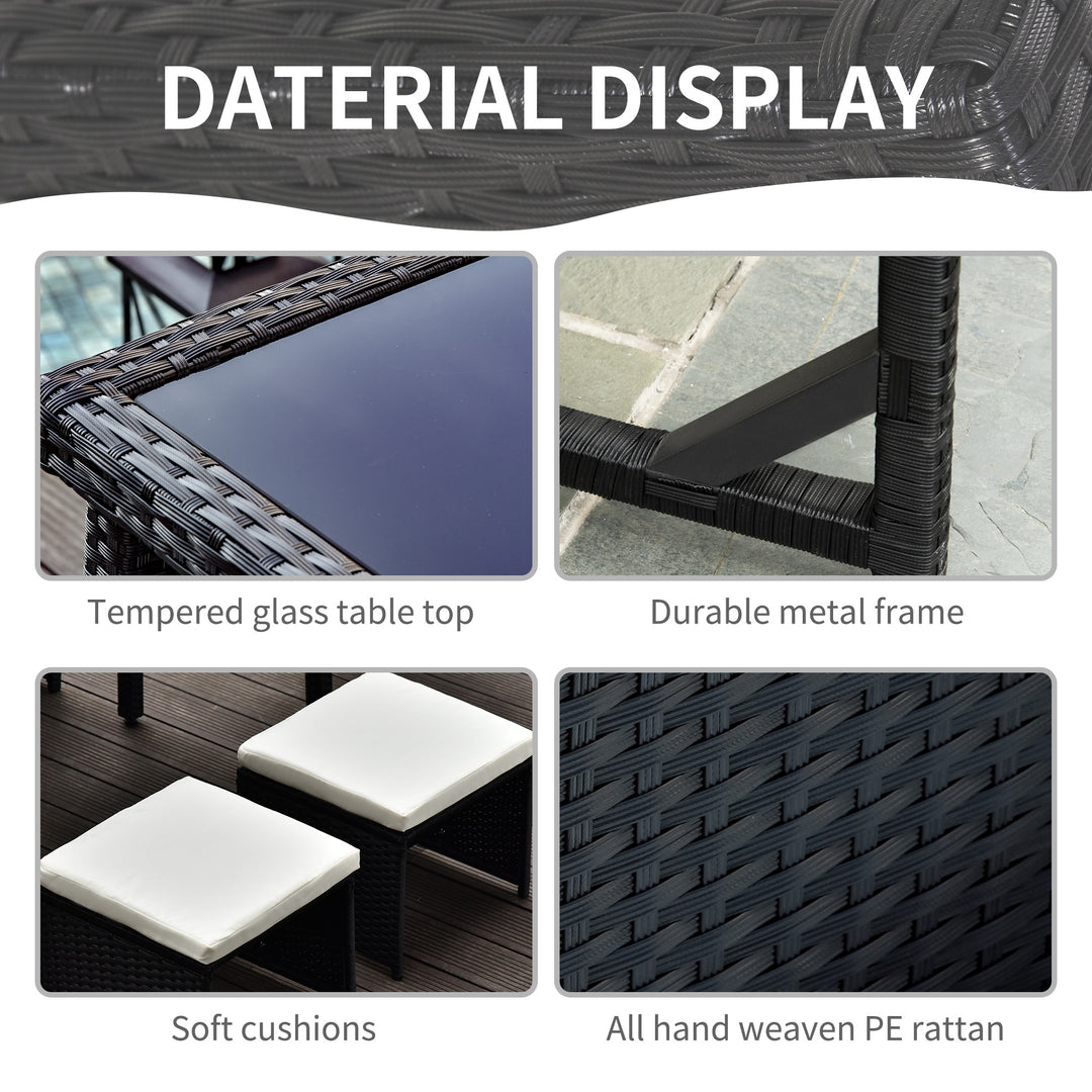 MCL 2 Seater Rattan Cube Garden Furniture Set, Rattan Dining Set with Cushions, Outdoor Dining Table and Chairs with 2 Armchairs, 2 Stools, Rectangular Glass Top Table for Patio, Balcony, Black