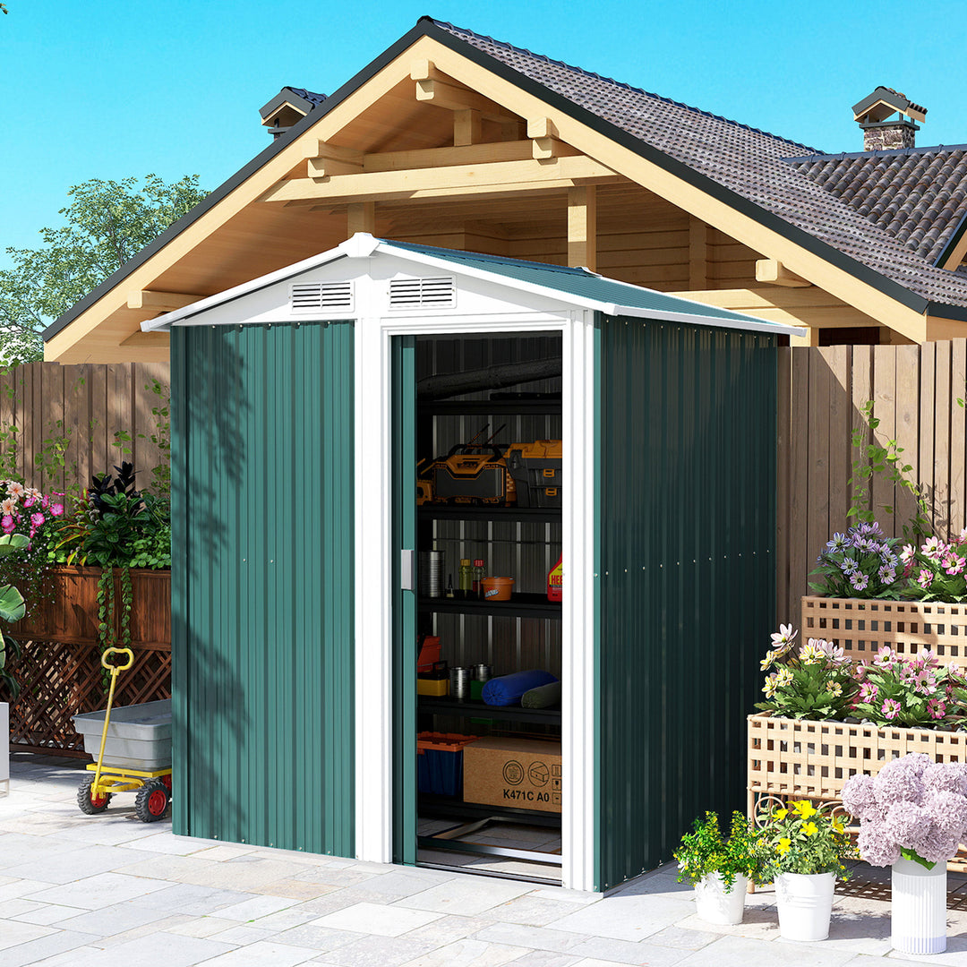 Garden Metal Tool Storage Shed with Sliding Door, Sloped Roof and Floor Foundation, 152 x 132 x 188cm, Green