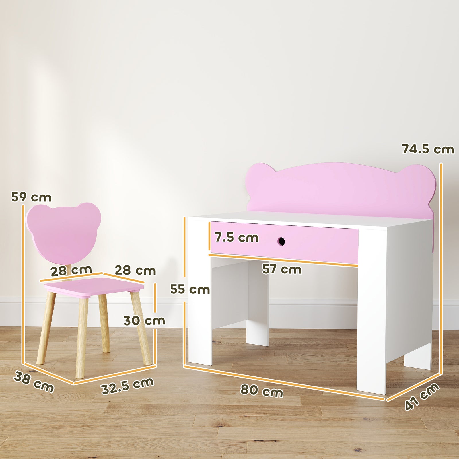 Kids Desk and Chair Set with Drawer for Drawing, Reading, Bear Theme C
