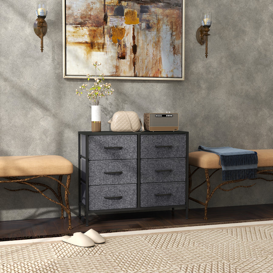 Fabric Chest of Drawers, Industrial Bedroom Dresser with 6 Fabric Drawers, Steel Frame and Wooden Top for Nursery, Living Room, Hallway, Black