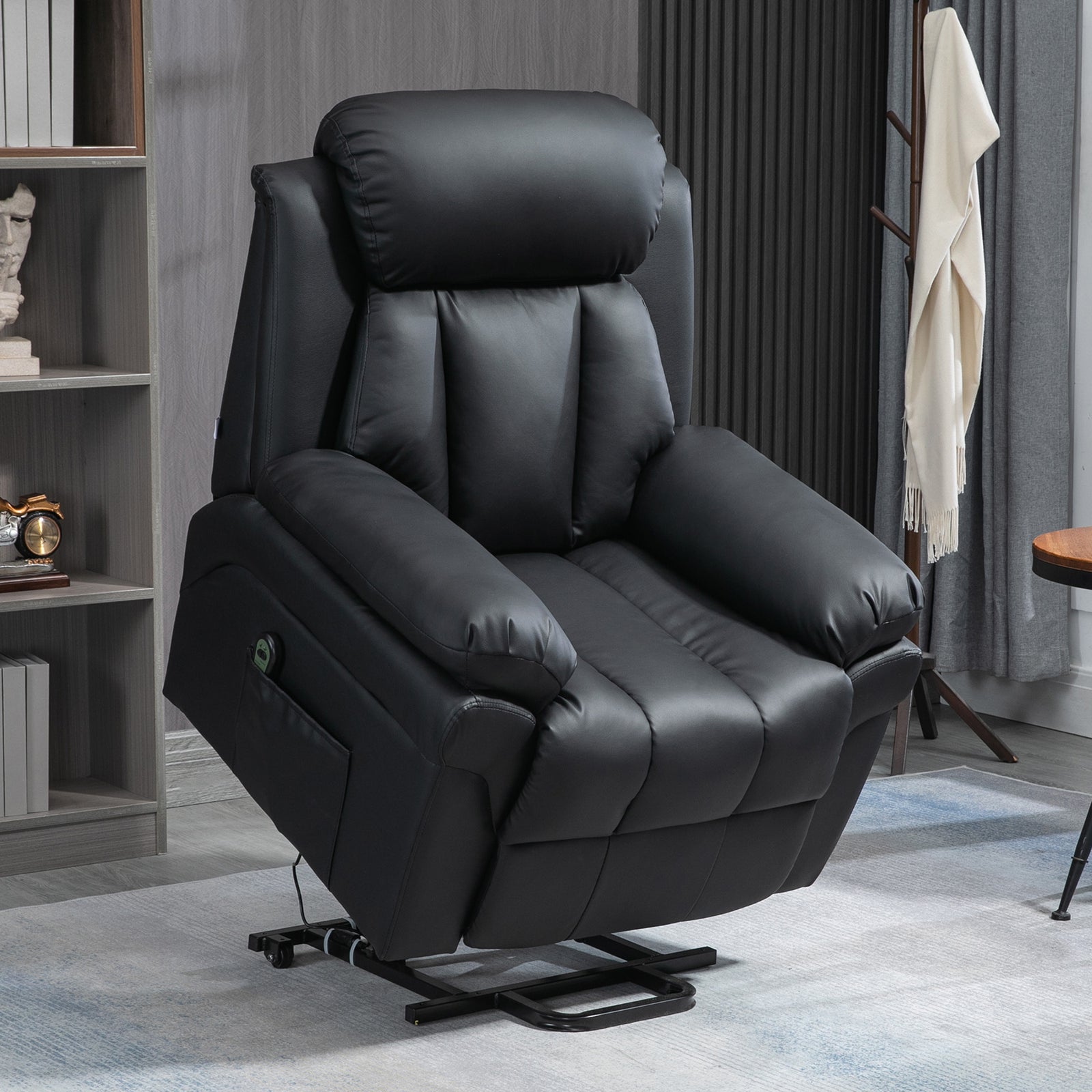 Power Lift Chair Recliner for Elderly, Electric Recliner Chair, Overstuffed Faux Leather Riser and Reclining Armchair with Remote Control, Side Pockets, for Living Room, Black