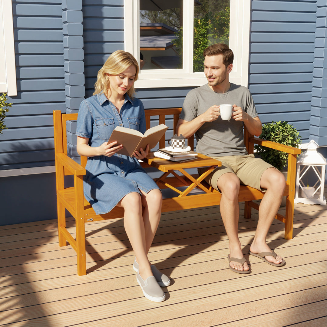 Wooden Bench with Liftable Middle Table, Outdoor Bench, Patio Loveseat