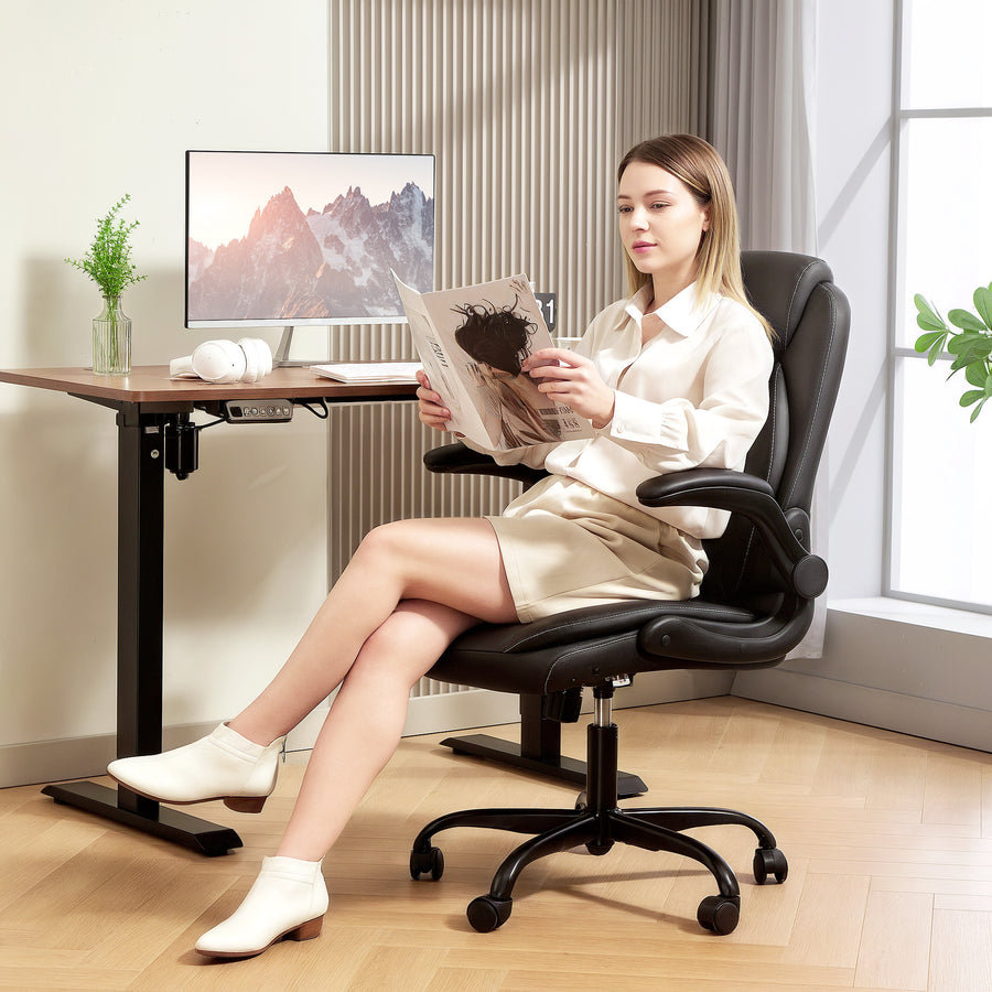 Faux Leather Office Chair. with Flip-Up Armrests - Black