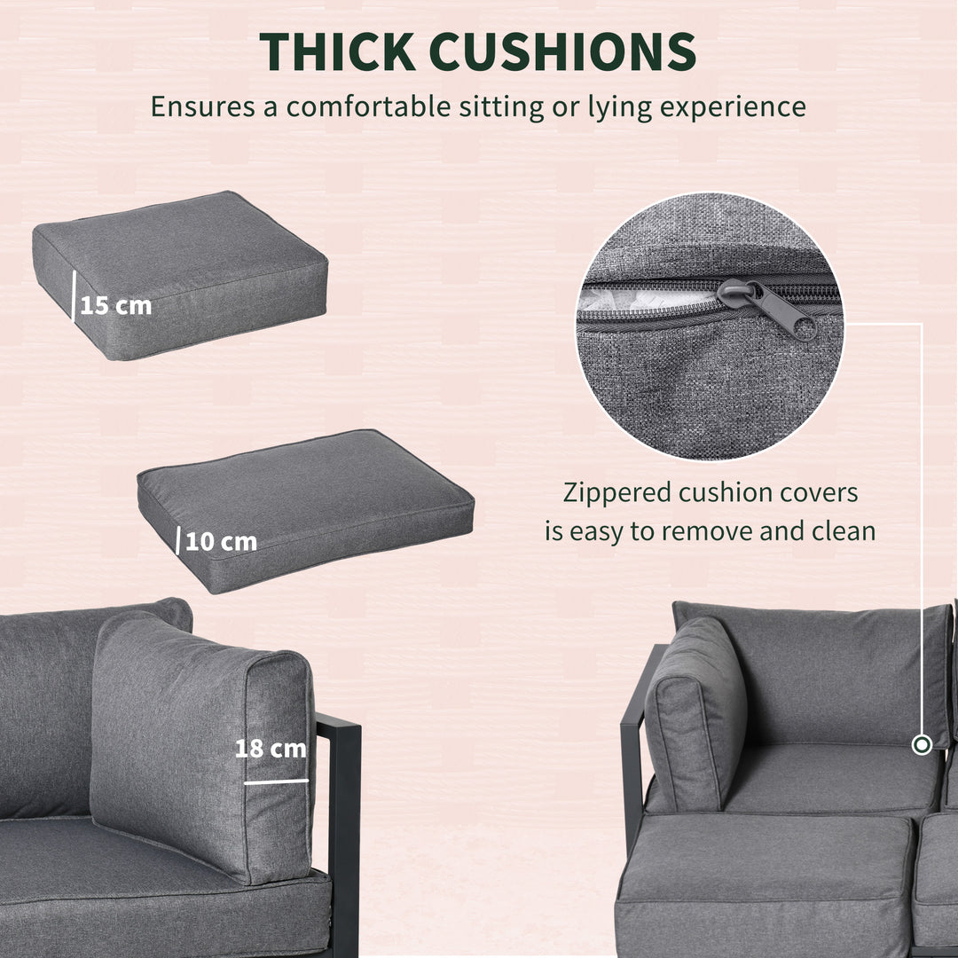 MCL Garden Daybed, 6 Piece Outdoor Sectional Sofa Set, Aluminum Patio Conversation Furniture Set with Coffee Table, Footstool and Cushions, Grey