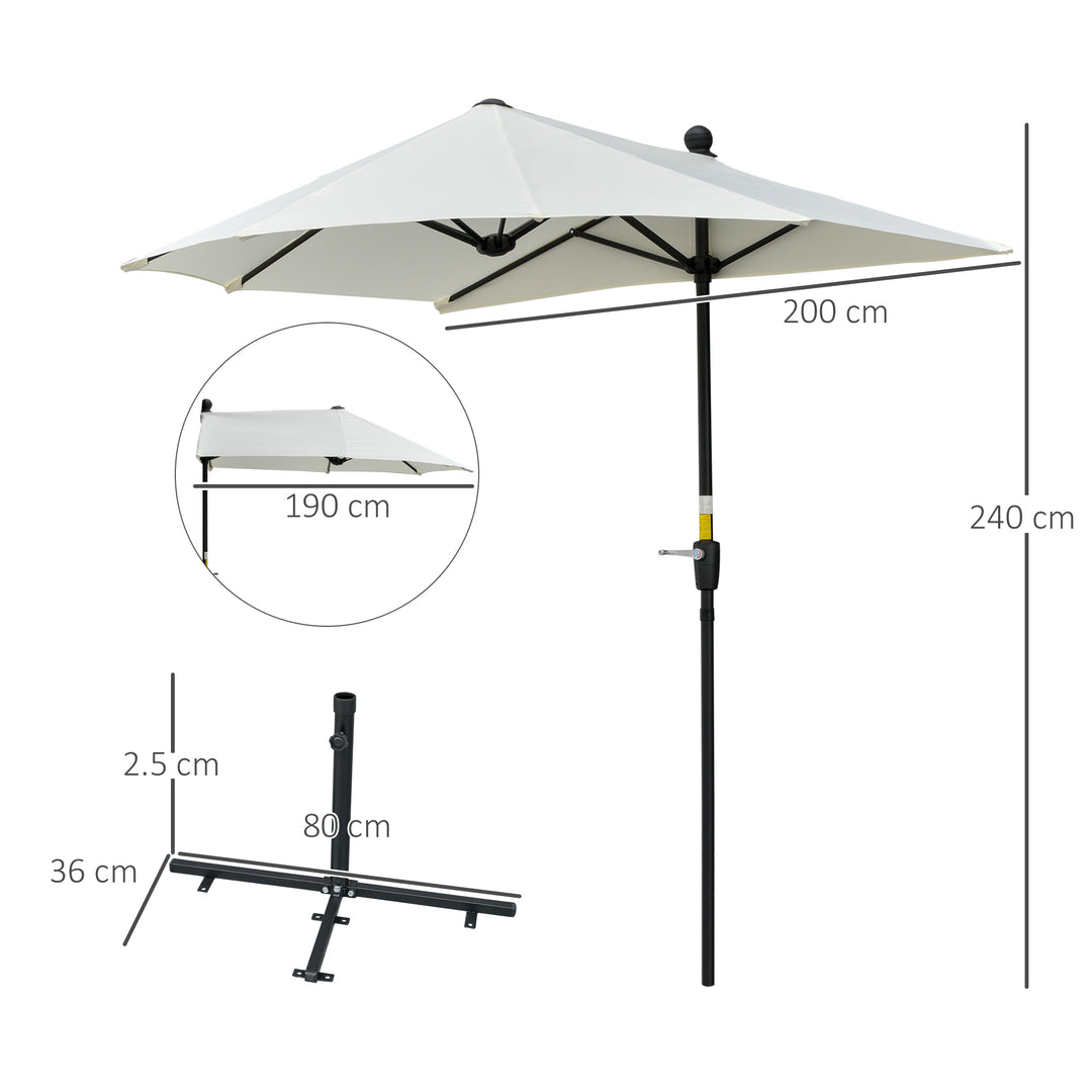 2m Half Parasol Market Umbrella Garden Balcony Parasol with Crank Handle, Base, Double-Sided Canopy, Cream White