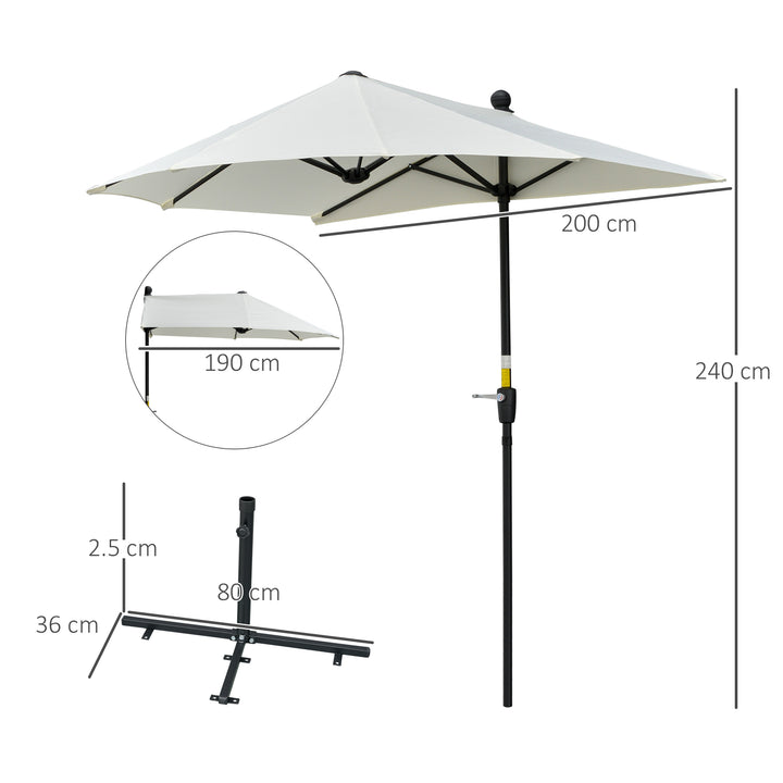 2m Half Parasol Market Umbrella Garden Balcony Parasol with Crank Handle, Base, Double-Sided Canopy, Cream White