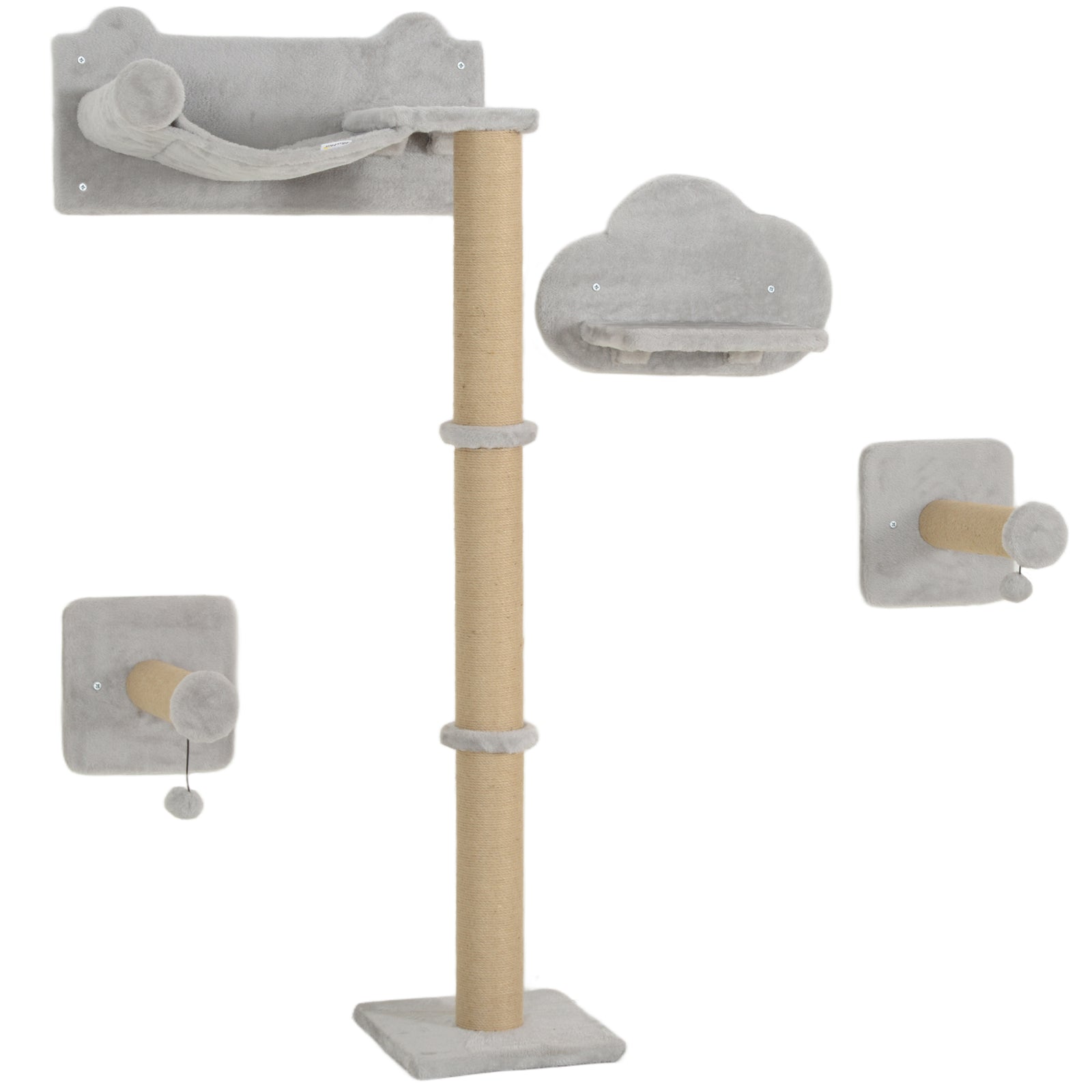 4-Piece Cat Shelves w/ Scratching Post, Steps, Jumping Platform, Ladder, Toy Balls, for Indoor Cats, Light Grey