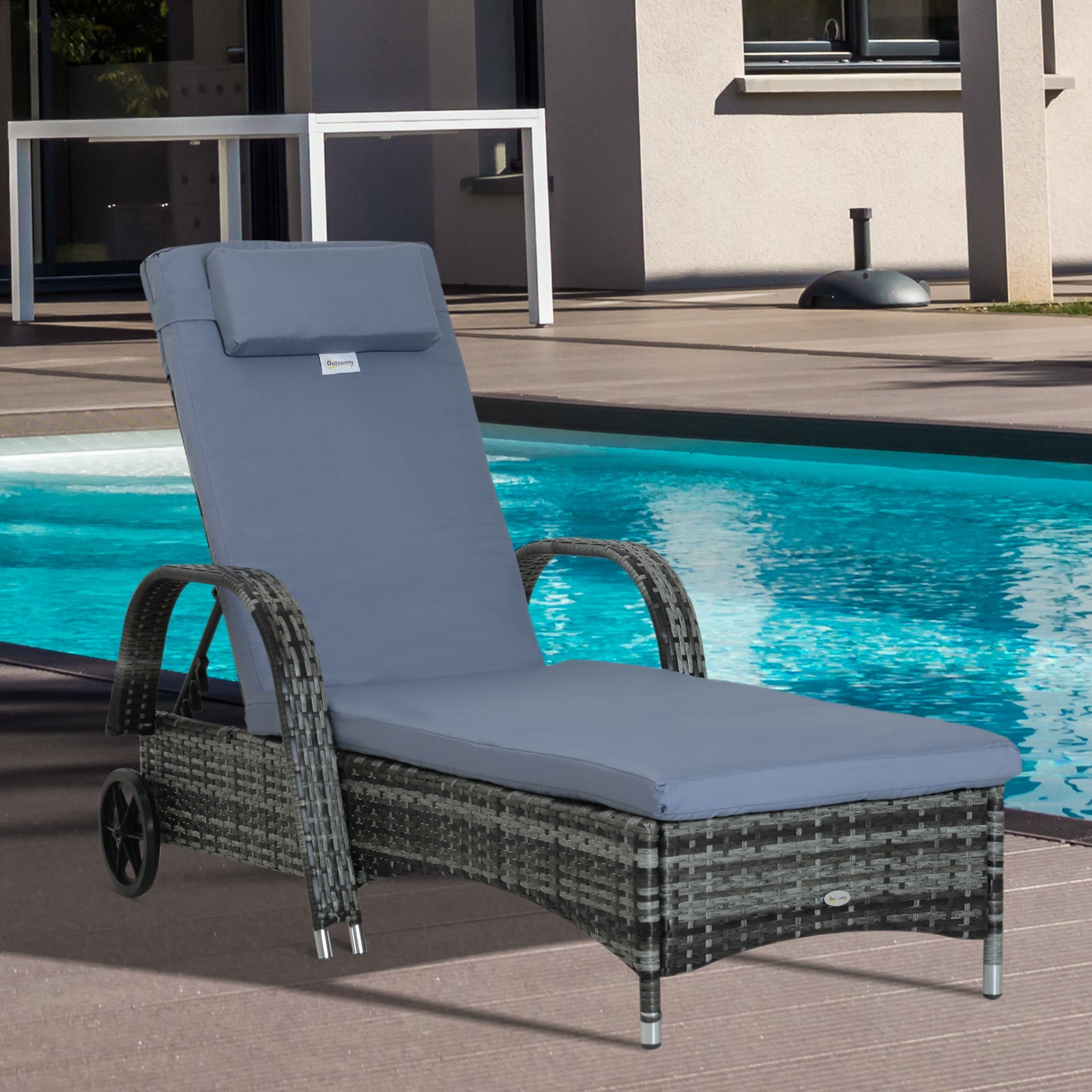 Garden Rattan Furniture Single Sun Lounger Recliner Bed Reclining Chair Patio Outdoor Wicker Weave Adjustable Headrest with Fire Retardant Cushion - Grey