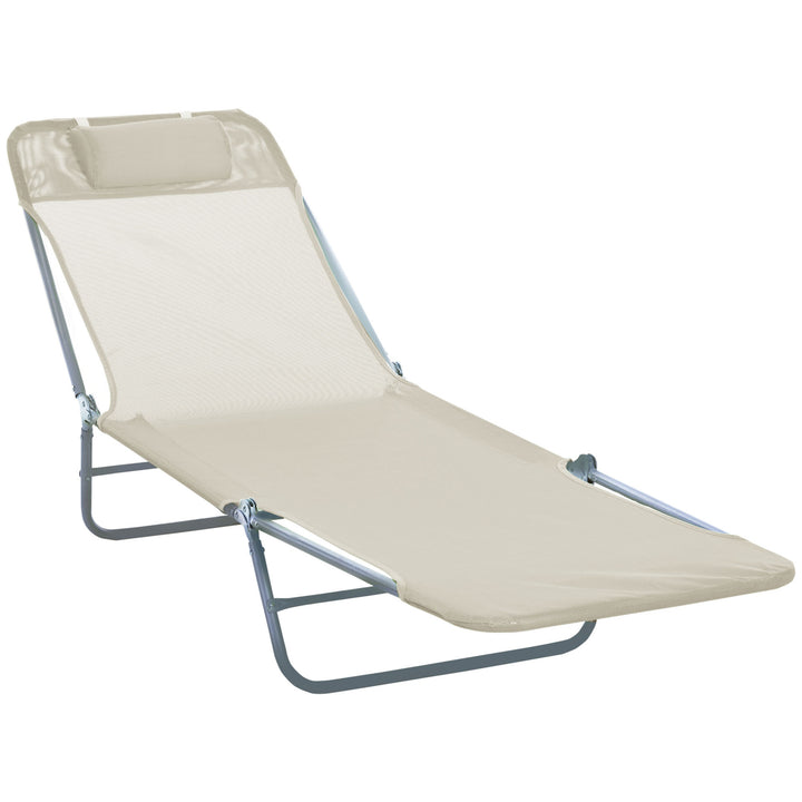 MCL Outdoor Foldable Sun Lounger, Adjustable Backrest Garden Recliner Sun Lounger Chair with Headrest Pillow, Beige