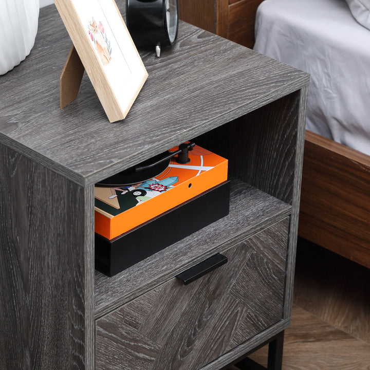 HOMCOM Bedside Cabinets: Dual Nightstands with Drawer & Shelf, Steel Legs for Living & Bedroom, Charcoal Grey | Aosom UK