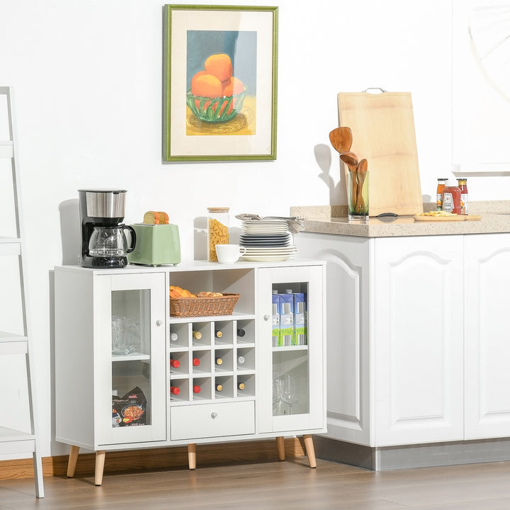 Modern Sideboard Storage Cabinet Kitchen Cupboard Dining Bar Server with Glass Doors, Drawer & 12-Bottle Wine Rack for Living Room, White